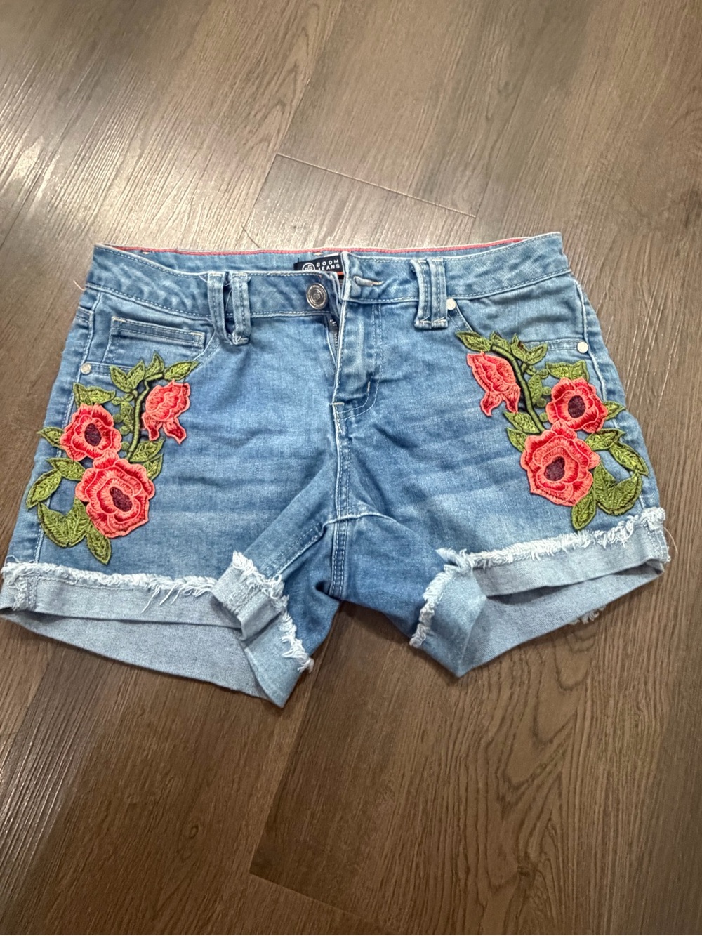 Boom Boom Jeans Blue Denim Shorts with Red Rose Embroidery